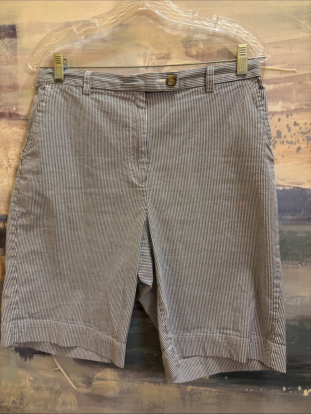 Lands' End High Rise Navy and White Striped Bermuda Shorts